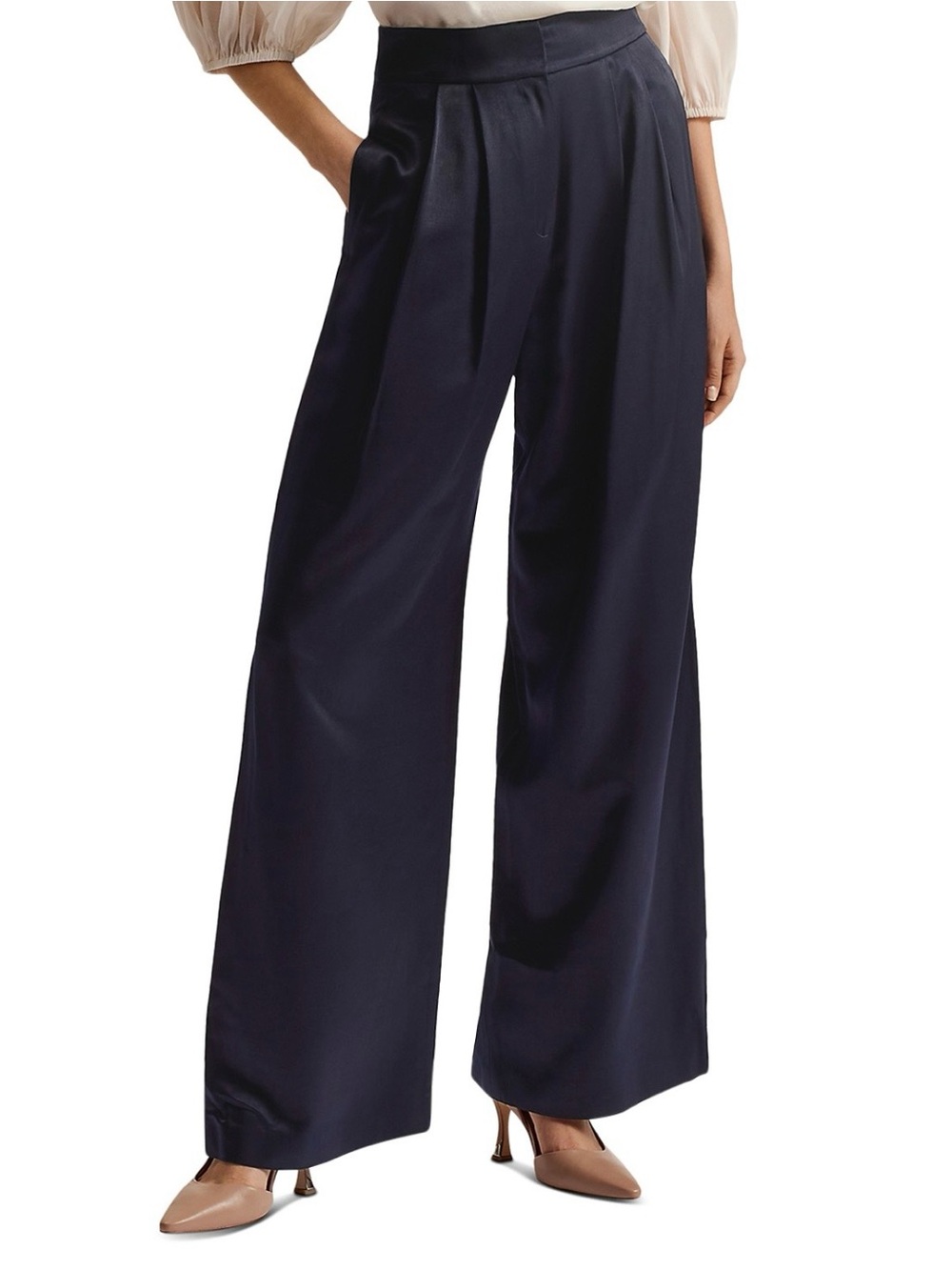 Armani Exchange Navy Wide-Leg Satin Trousers